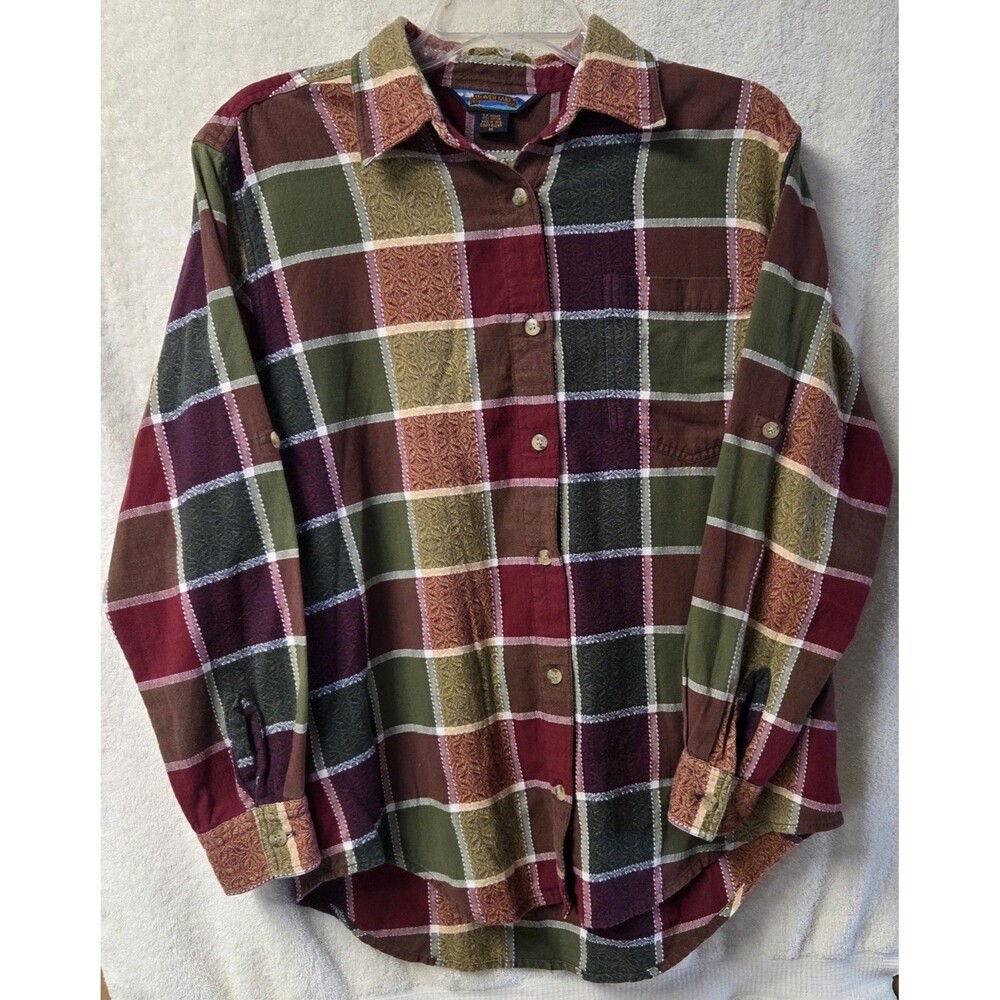 VTG 90s Shaver Lake Tapestry Plaid Flannel Shirt Womens M Roll Tab Sleeve Gorp